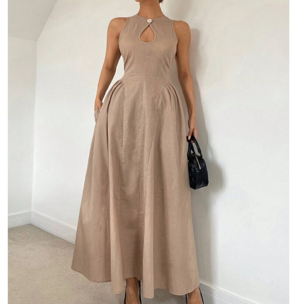 Hollow Front Cinched Waist A-Line Side Ruched Maxi Dress tan - Picture 5 of 7